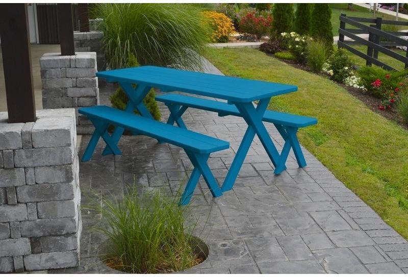 A & L Furniture Co. Yellow Pine 8' Cross-leg Table w/2 Benches - Umbrella Hole  - Ships FREE in 5-7 Business days - Rocking Furniture