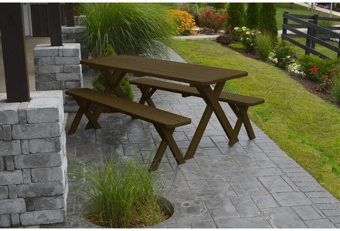 A & L Furniture Co. Yellow Pine 6' Cross-leg Table w/2 Benches - Umbrella Hole  - Ships FREE in 5-7 Business days - Rocking Furniture