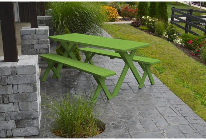 A & L Furniture Co. Yellow Pine 6' Cross-leg Table w/2 Benches - Umbrella Hole  - Ships FREE in 5-7 Business days - Rocking Furniture