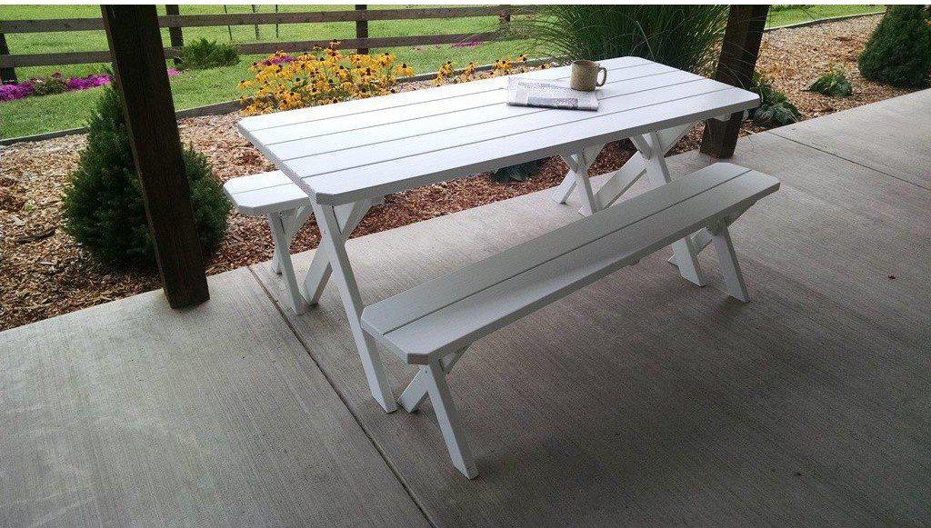 A & L Furniture Co. Yellow Pine 5' Cross-leg Table w/2 Benches - Umbrella Hole  - Ships FREE in 5-7 Business days - Rocking Furniture