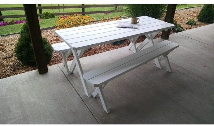 A & L Furniture Co. Yellow Pine 6' Cross-leg Table w/2 Benches - Umbrella Hole  - Ships FREE in 5-7 Business days - Rocking Furniture