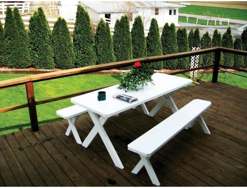 A & L Furniture Co. Yellow Pine 6' Cross-leg Table w/2 Benches - Umbrella Hole  - Ships FREE in 5-7 Business days - Rocking Furniture