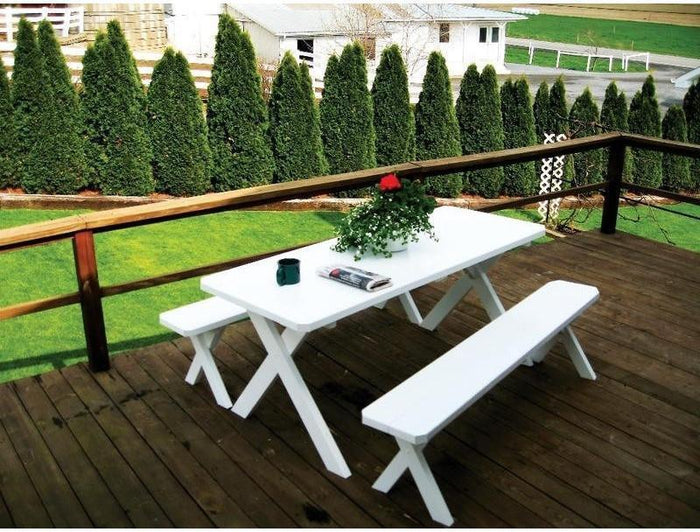 A & L Furniture Co. Yellow Pine 6' Cross-leg Table w/2 Benches - Umbrella Hole  - Ships FREE in 5-7 Business days - Rocking Furniture