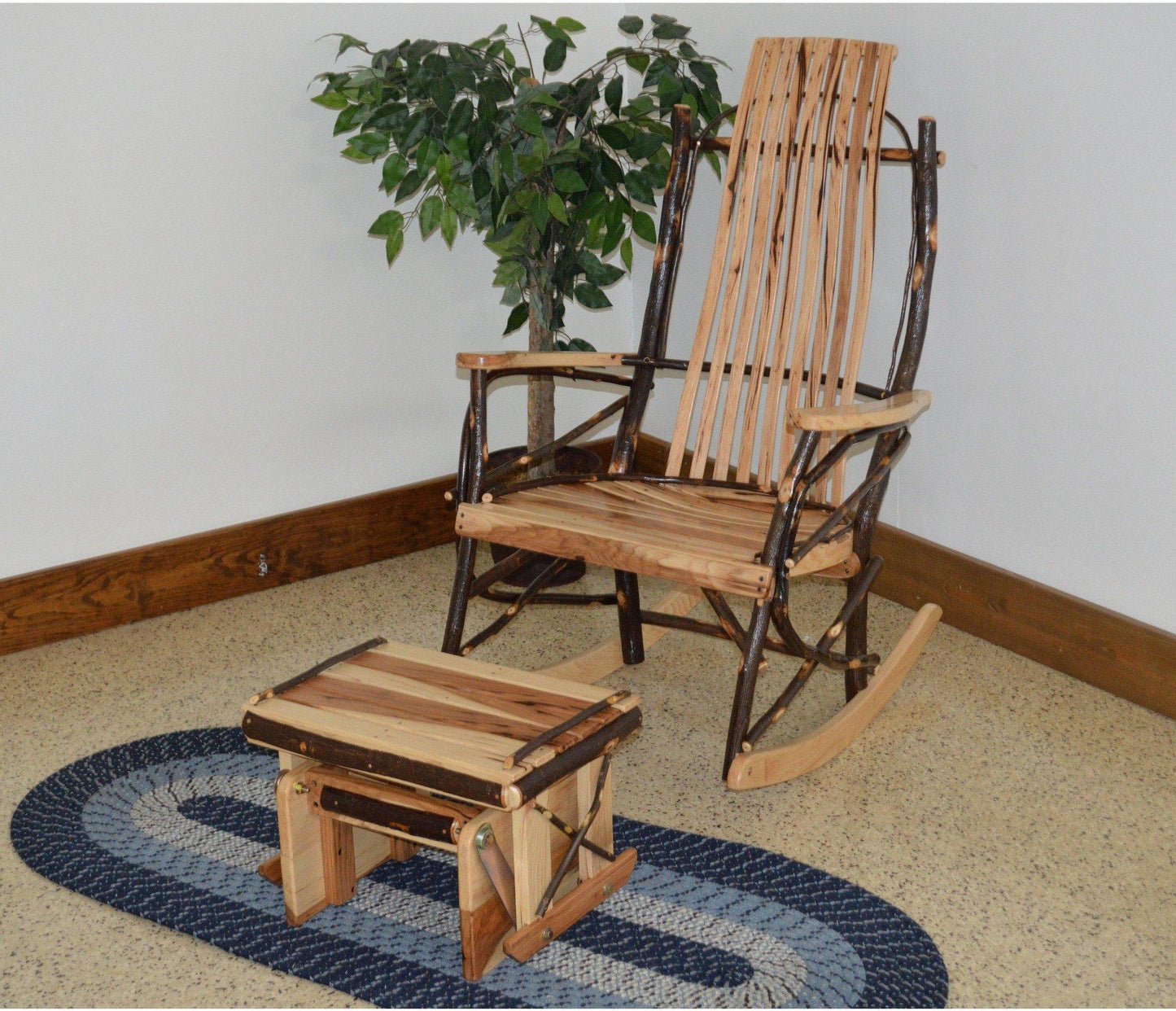 A & L Furniture Co. Amish Bentwood Hickory 9-Slat Rocking Chair with Gliding Ottoman Set  - Ships FREE in 5-7 Business days - Rocking Furniture