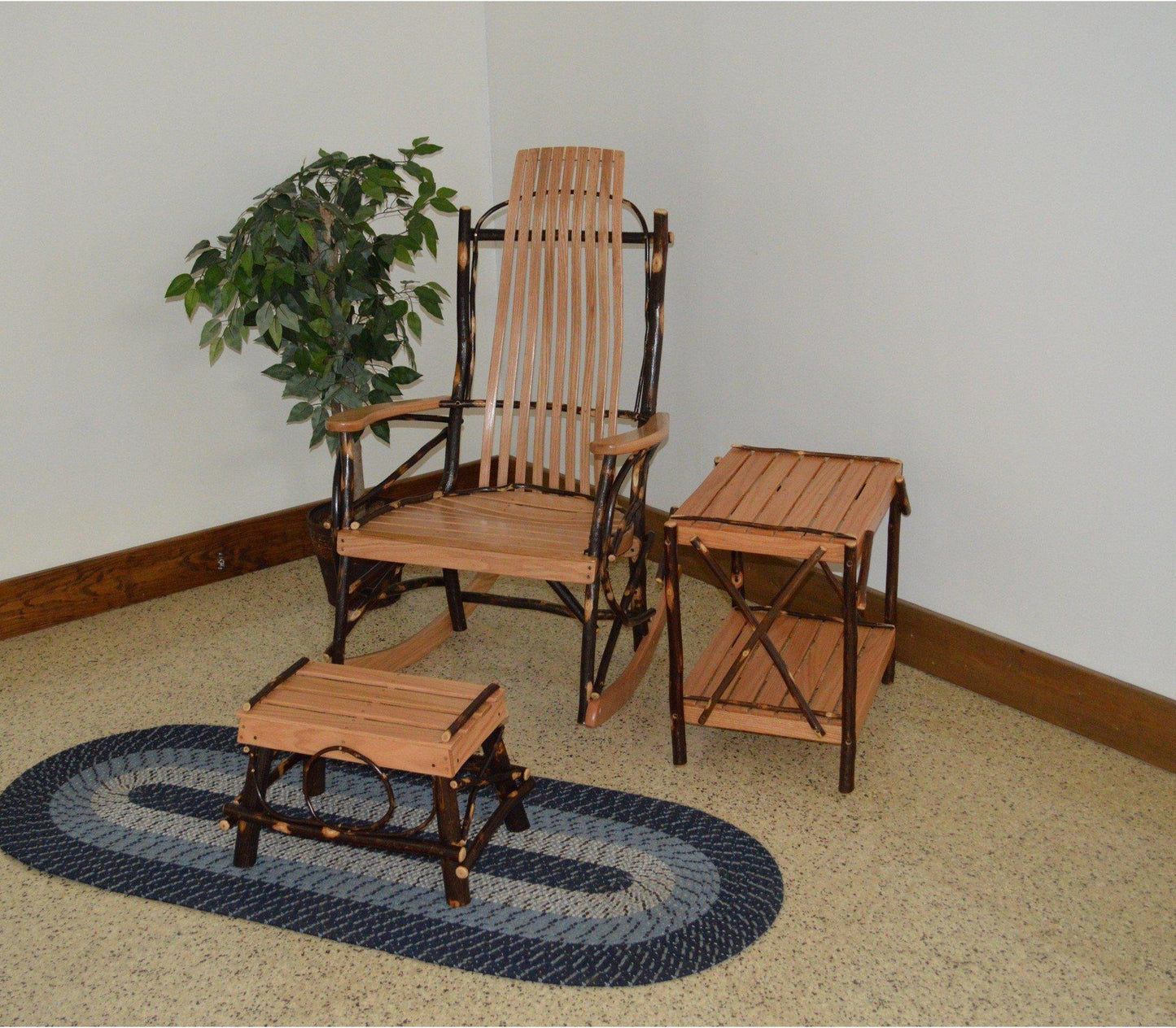 A & L Furniture Co. Amish Bentwood Hickory 9-Slat Rocker Chair w Foot Stool / End Table Set  - Ships FREE in 5-7 Business days - Rocking Furniture