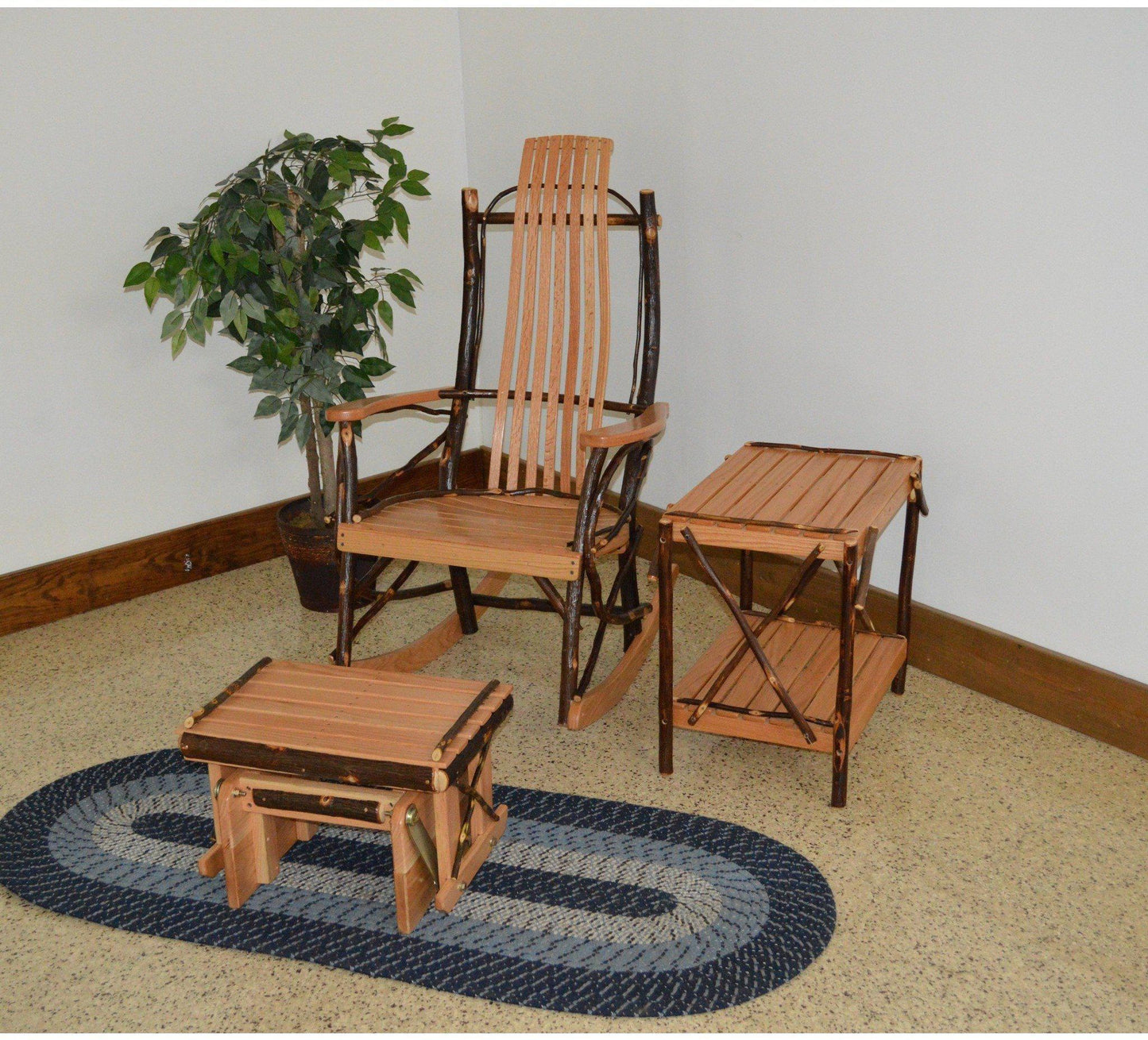 A & L Furniture Co. Amish Bentwood 7-Slat Hickory Rocking Chair With Gliding Ottoman and End Table Set  - Ships FREE in 5-7 Business days - Rocking Furniture