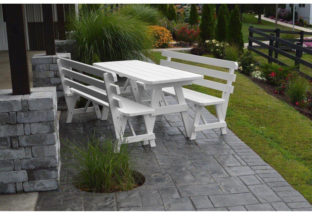 A&L Furniture Co. Yellow Pine 6' Table w/2 Backed Benches - Umbrella Hole - Rocking Furniture