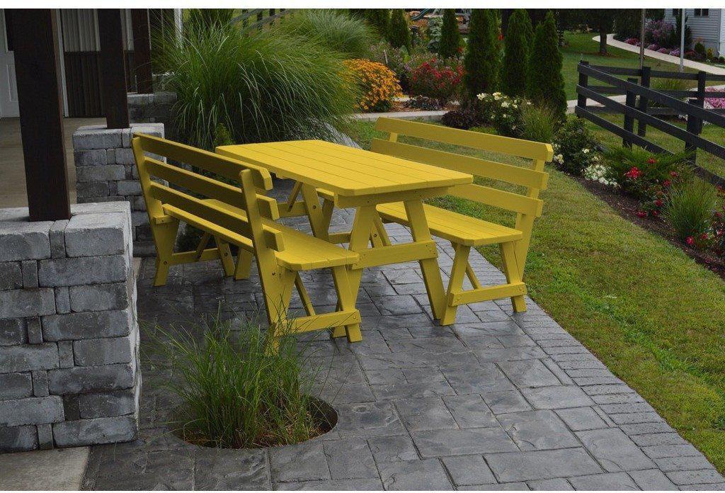 A&L Furniture Co. Yellow Pine 8' Table w/2 Backed Benches - Umbrella Hole - Rocking Furniture