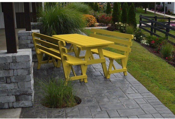 A&L Furniture Co. Yellow Pine 8' Table w/2 Backed Benches - Umbrella Hole - Rocking Furniture