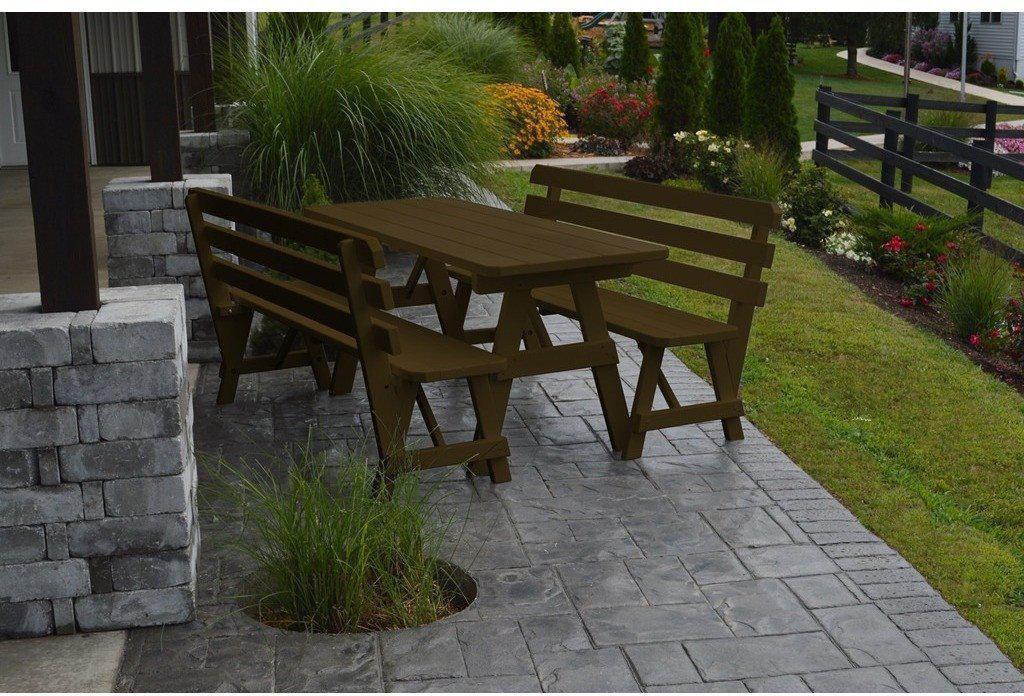 A&L Furniture Co. Yellow Pine 6' Table w/2 Backed Benches - Umbrella Hole - Rocking Furniture