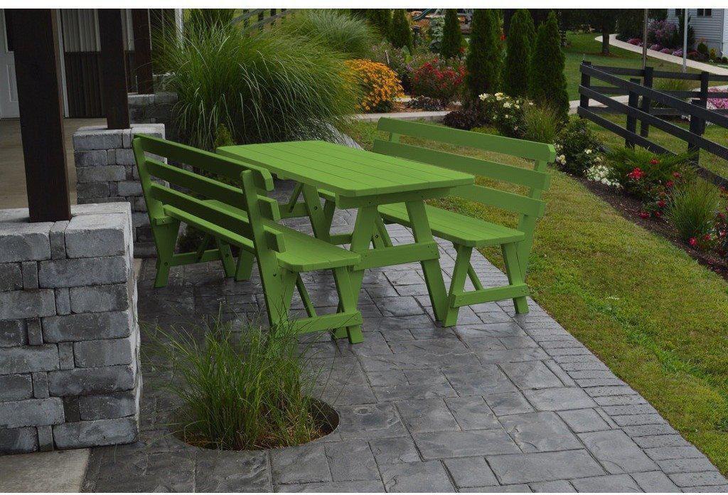 A&L Furniture Co. Yellow Pine 6' Table w/2 Backed Benches - Umbrella Hole - Rocking Furniture