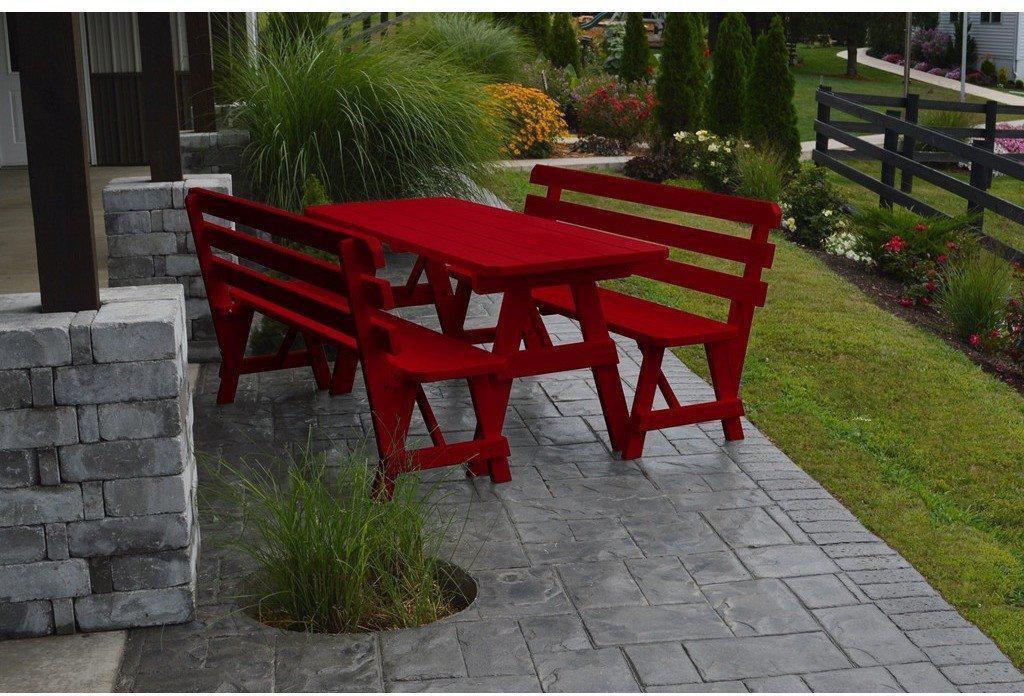 A&L Furniture Co. Yellow Pine 6' Table w/2 Backed Benches - Umbrella Hole - Rocking Furniture