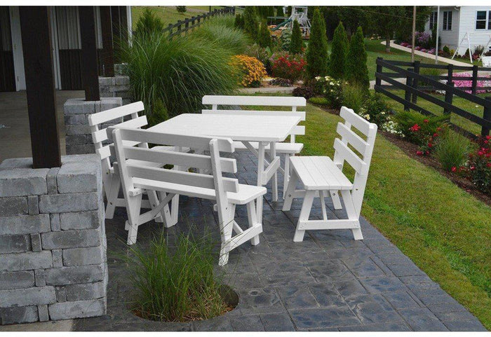 A & L Furniture Co. Yellow Pine 43" Sq. Table w/ 4 Backed Benches- Umbrella Hole  - Ships FREE in 5-7 Business days - Rocking Furniture