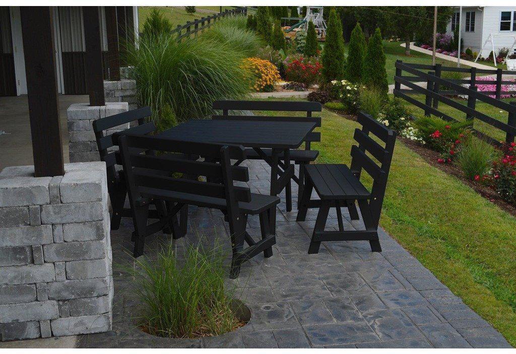 A & L Furniture Co. Yellow Pine 43" Sq. Table w/ 4 Backed Benches- Umbrella Hole  - Ships FREE in 5-7 Business days - Rocking Furniture