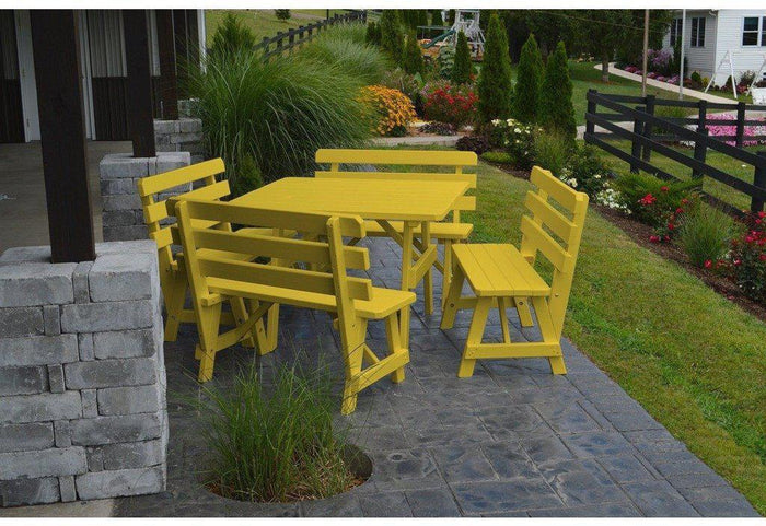 A & L Furniture Co. Yellow Pine 43" Sq. Table w/ 4 Backed Benches- Umbrella Hole  - Ships FREE in 5-7 Business days - Rocking Furniture