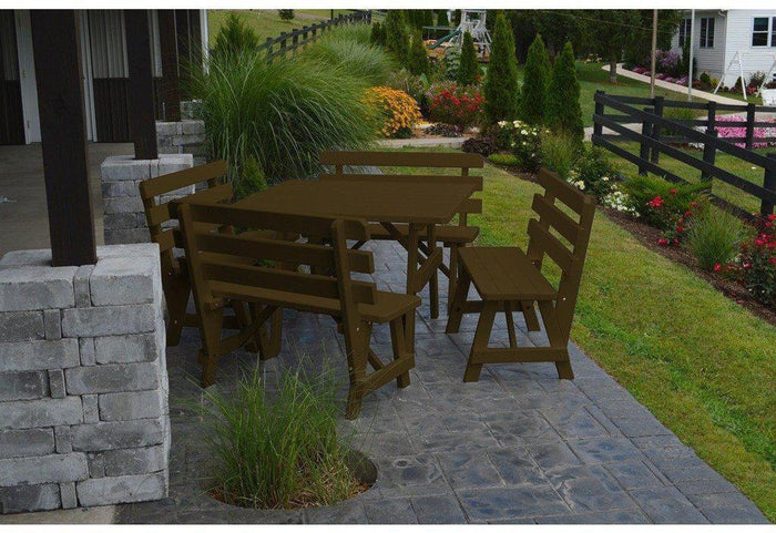A & L Furniture Co. Yellow Pine 43" Sq. Table w/ 4 Backed Benches- Umbrella Hole  - Ships FREE in 5-7 Business days - Rocking Furniture