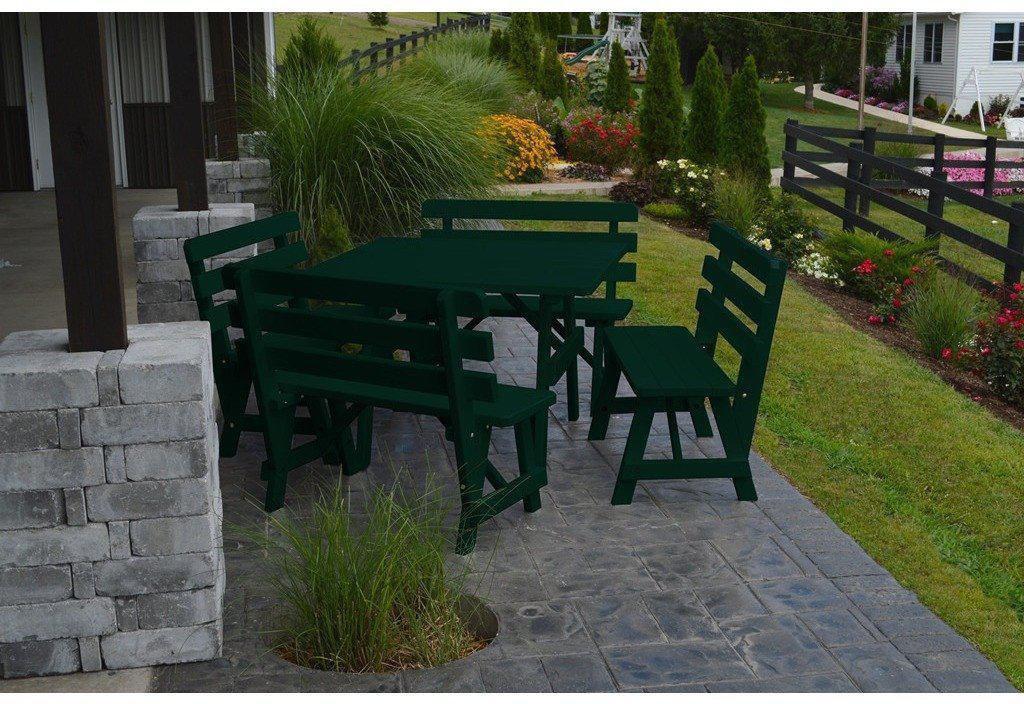 A & L Furniture Co. Yellow Pine 43" Sq. Table w/ 4 Backed Benches- Umbrella Hole  - Ships FREE in 5-7 Business days - Rocking Furniture