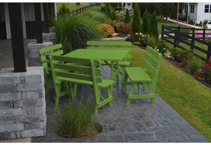 A & L Furniture Co. Yellow Pine 43" Sq. Table w/ 4 Backed Benches- Umbrella Hole  - Ships FREE in 5-7 Business days - Rocking Furniture