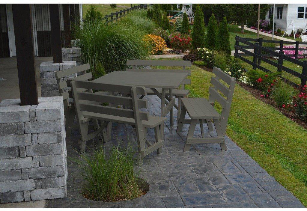 A & L Furniture Co. Yellow Pine 43" Sq. Table w/ 4 Backed Benches- Umbrella Hole  - Ships FREE in 5-7 Business days - Rocking Furniture