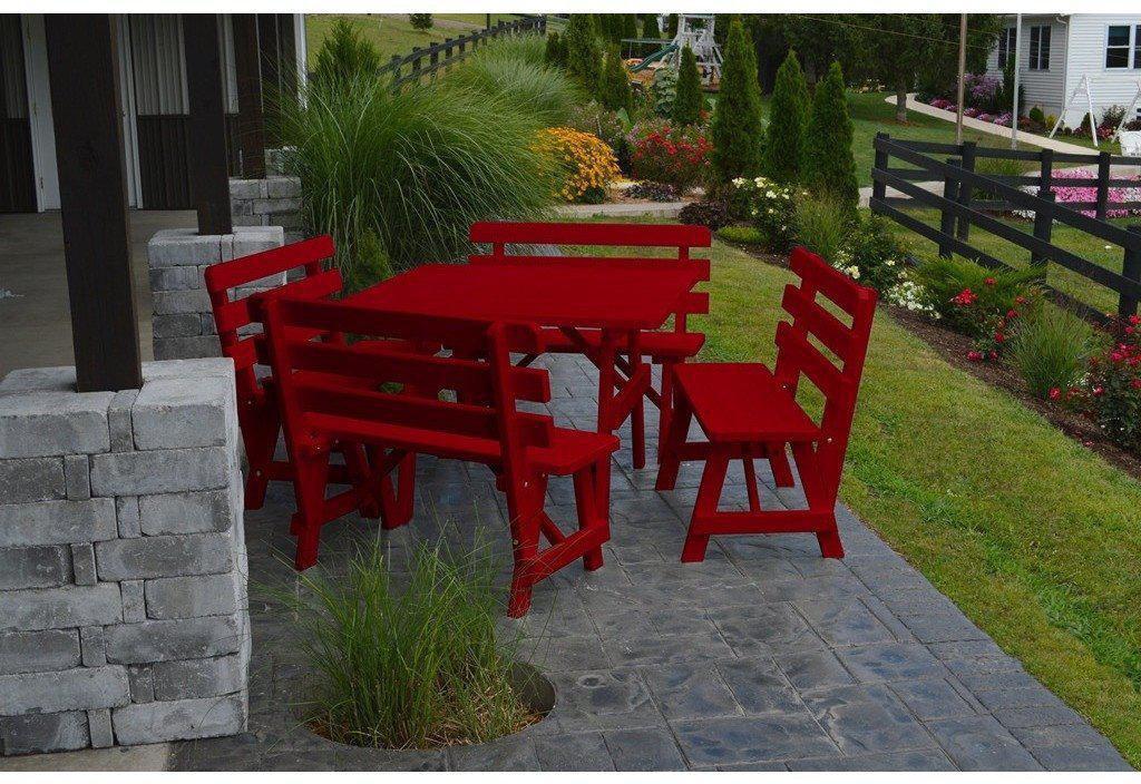 A & L Furniture Co. Yellow Pine 43" Sq. Table w/ 4 Backed Benches- Umbrella Hole  - Ships FREE in 5-7 Business days - Rocking Furniture