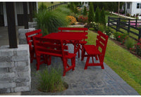 A & L Furniture Co. Yellow Pine 43" Sq. Table w/ 4 Backed Benches- Umbrella Hole  - Ships FREE in 5-7 Business days - Rocking Furniture