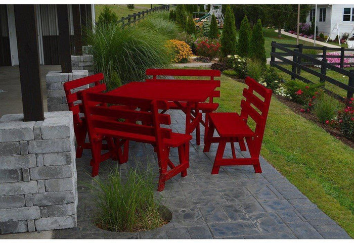 A & L Furniture Co. Yellow Pine 43" Sq. Table w/ 4 Backed Benches- Umbrella Hole  - Ships FREE in 5-7 Business days - Rocking Furniture