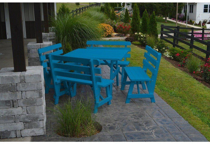 A & L Furniture Co. Yellow Pine 43" Sq. Table w/ 4 Backed Benches- Umbrella Hole  - Ships FREE in 5-7 Business days - Rocking Furniture