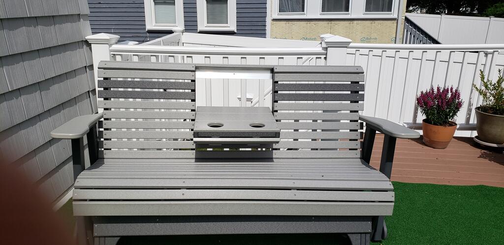 luxcraft 5ft rollback recycled plastic patio glider with flip down center console dove gray on slate