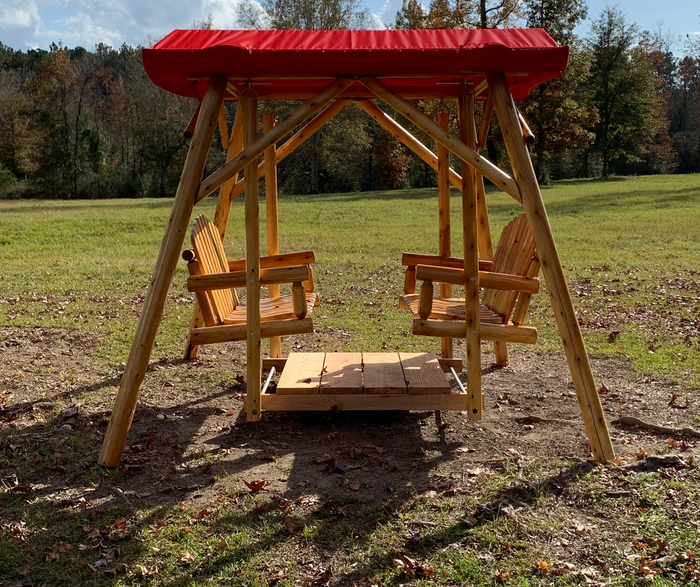 moon valley rustic outdoor cedar log double glider varnished with red canopy