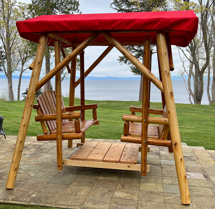 moon valley rustic outdoor cedar log double glider varnished with red canopy