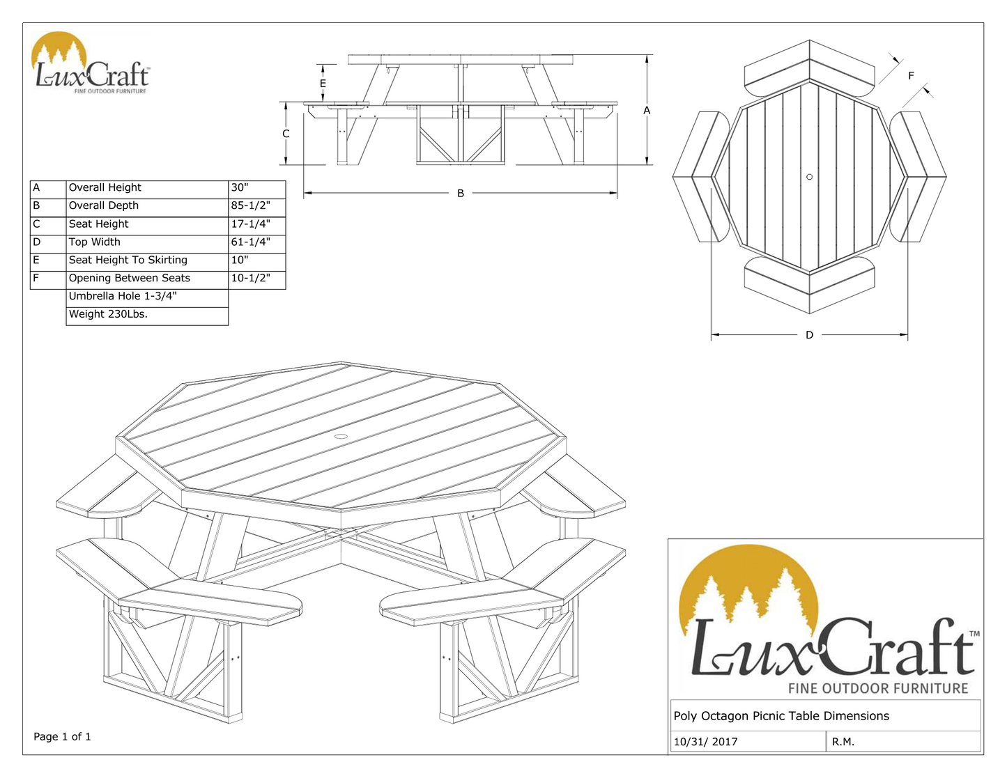 LuxCraft Recycled Plastic Octagon Picnic Table - LEAD TIME TO SHIP 3 TO 4 WEEKS
