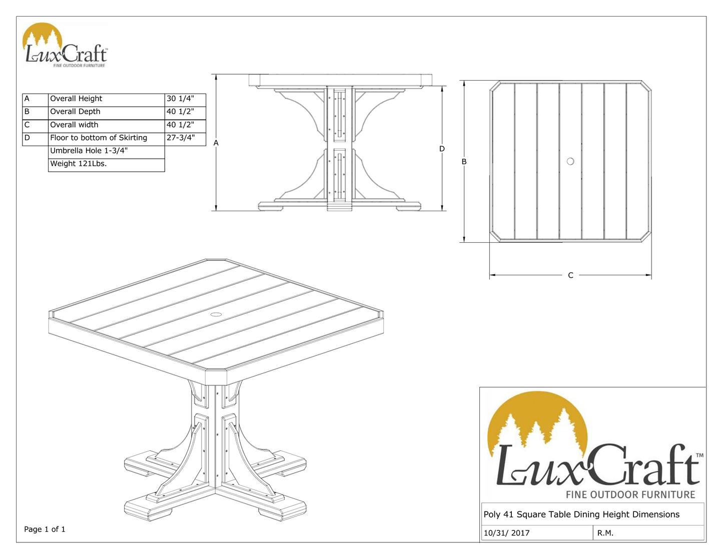 LuxCraft Recycled Plastic 41" Square Dining Height Table - LEAD TIME TO SHIP 3 TO 4 WEEKS