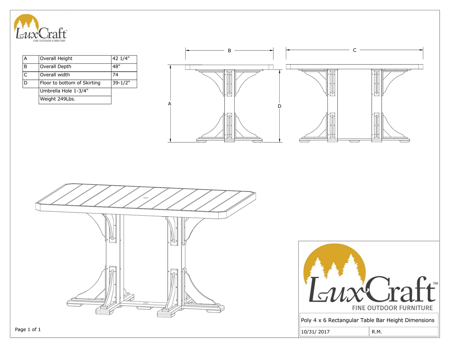 LuxCraft Recycled Plastic 4x6' Rectangular Bar Height Table - LEAD TIME TO SHIP 3 TO 4 WEEKS