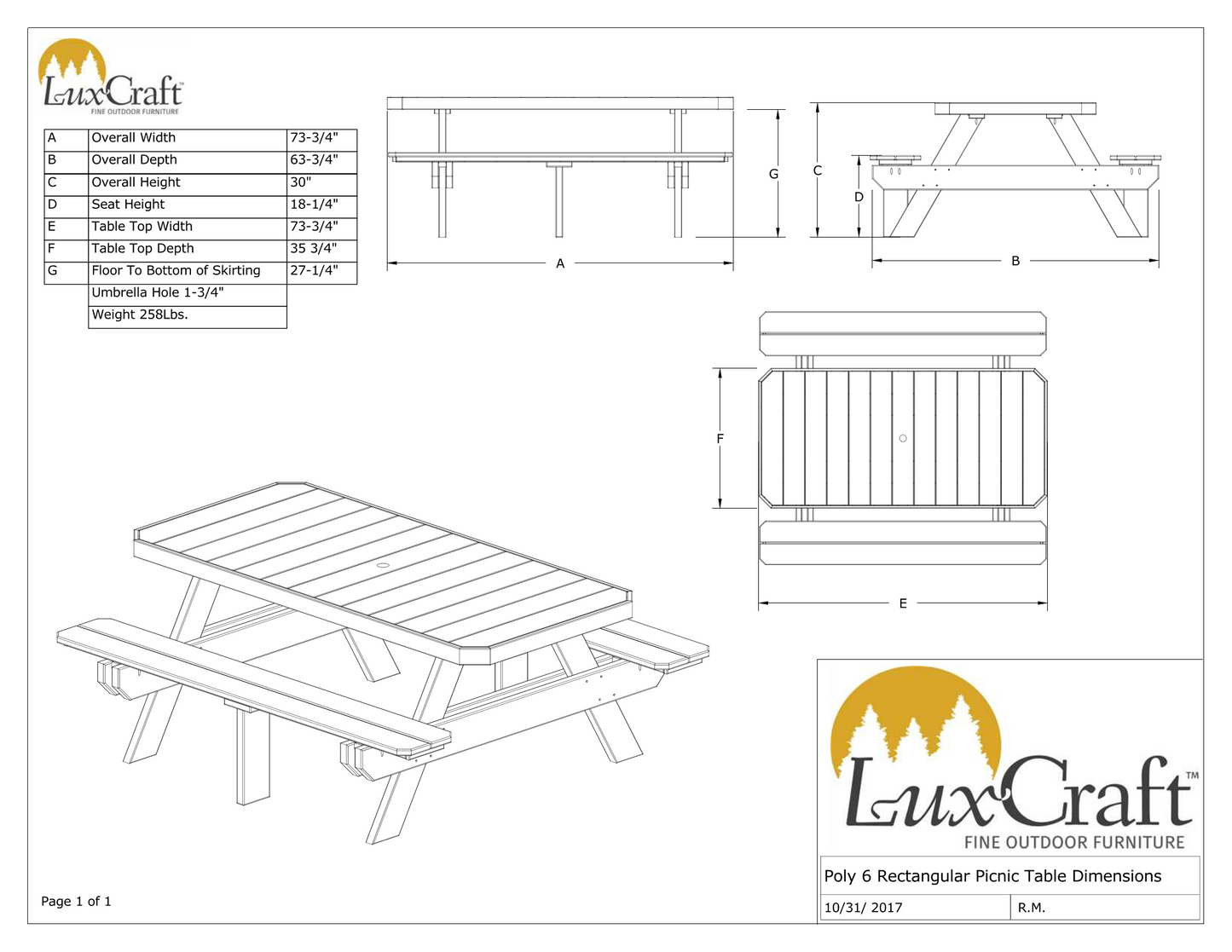 LuxCraft Recycled Plastic 6' Dining Height Rectangular Picnic Table - LEAD TIME TO SHIP 3 TO 4 WEEKS