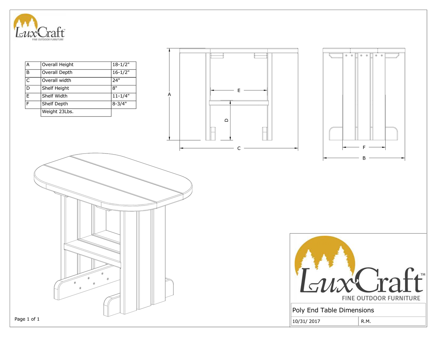 luxcraft recycled plastic end table dimensions page