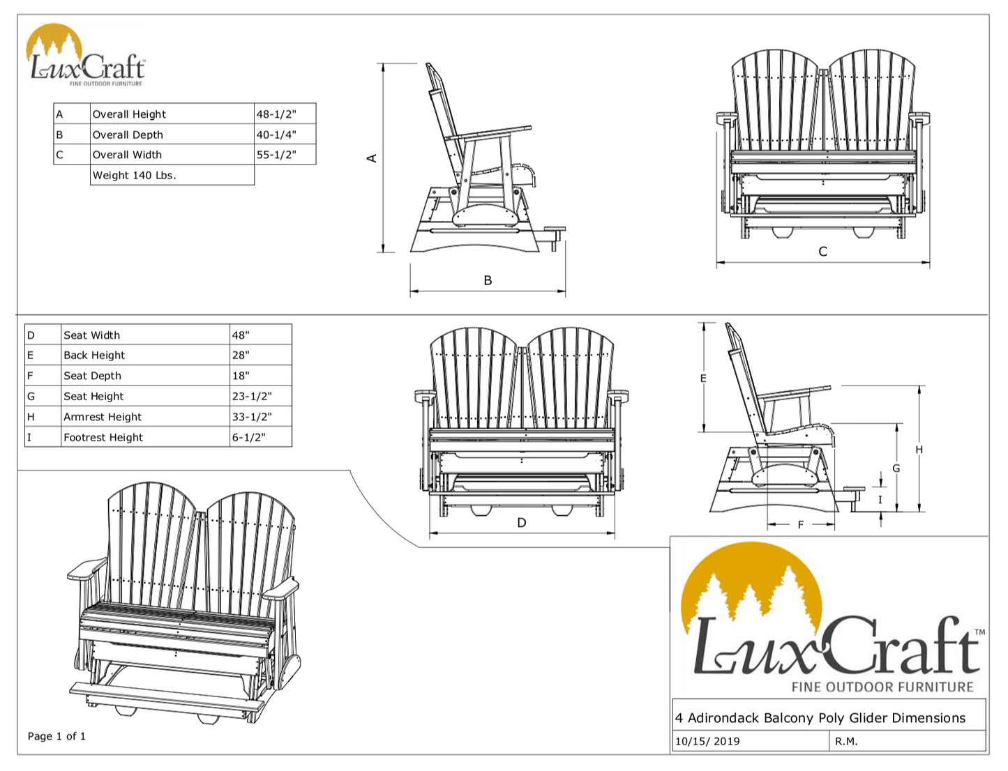 LuxCraft Recycled Plastic Counter Height 4' Adirondack Balcony Glider  - LEAD TIME TO SHIP 10 to 12 BUSINESS DAYS