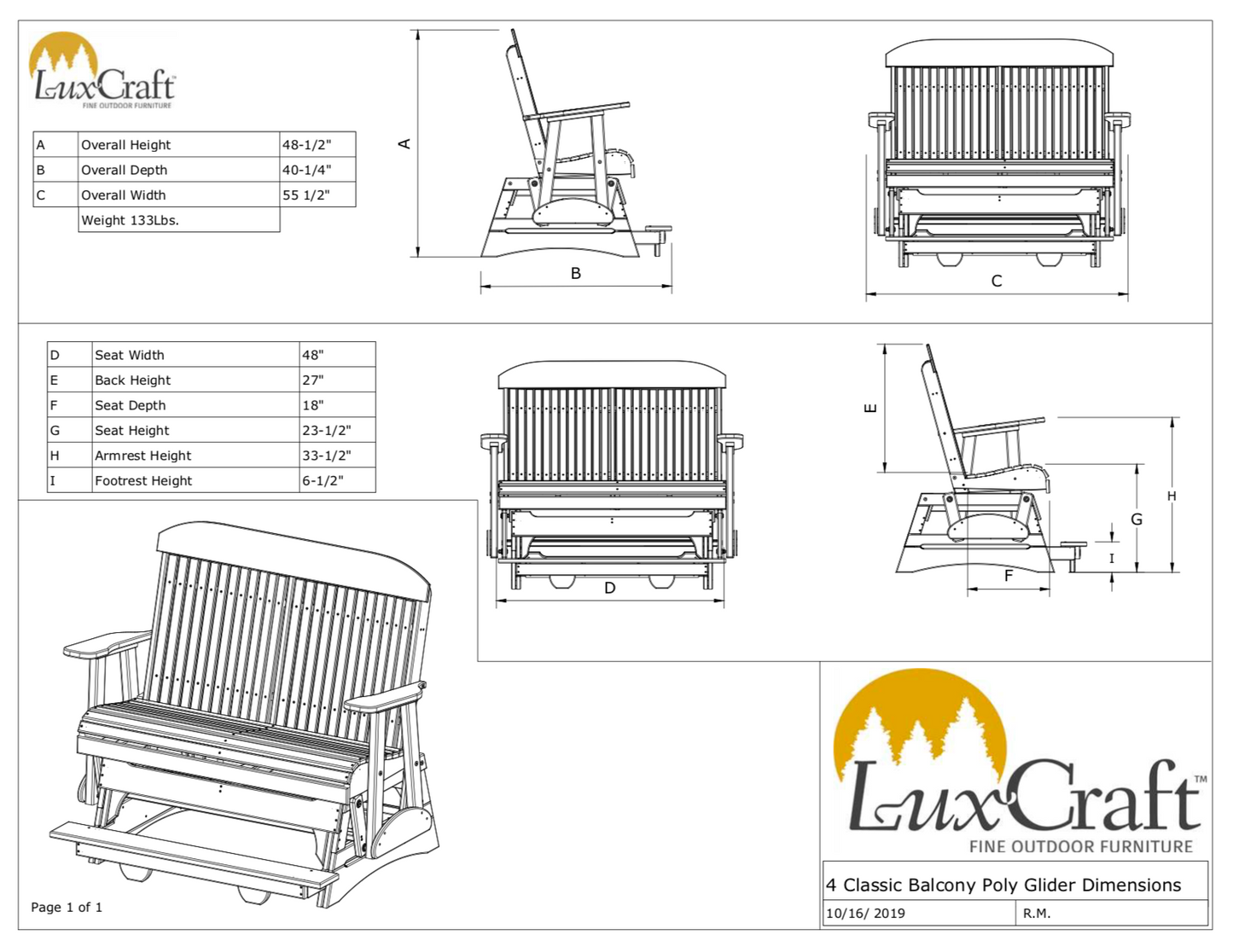 LuxCraft Counter Height Recycled Plastic 4' Classic Balcony Glider  - LEAD TIME TO SHIP 10 to 12 BUSINESS DAYS