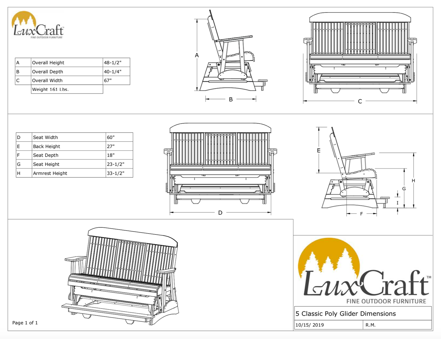 LuxCraft Counter Height Recycled Plastic 5' Classic Balcony Glider  - LEAD TIME TO SHIP 10 to 12 BUSINESS DAYS