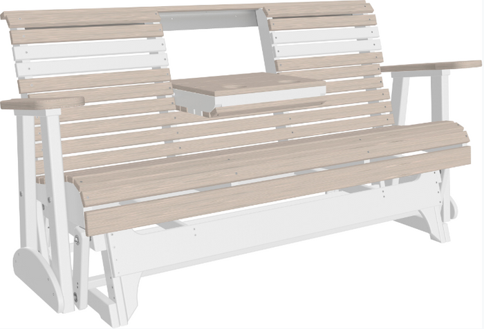 luxcraft 5ft rollback recycled plastic patio glider with flip down center console birch on white