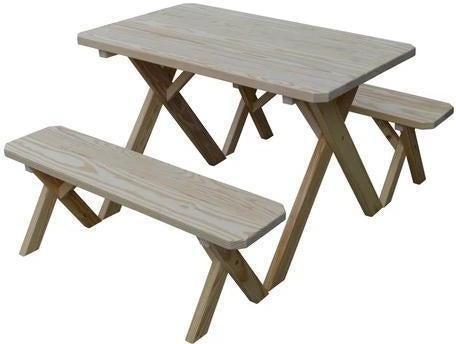 A&L Furniture Co. Yellow Pine 5' Cross-leg Table w/2 Benches - Umbrella Hole - LEAD TIME TO SHIP 10 BUSINESS DAYS