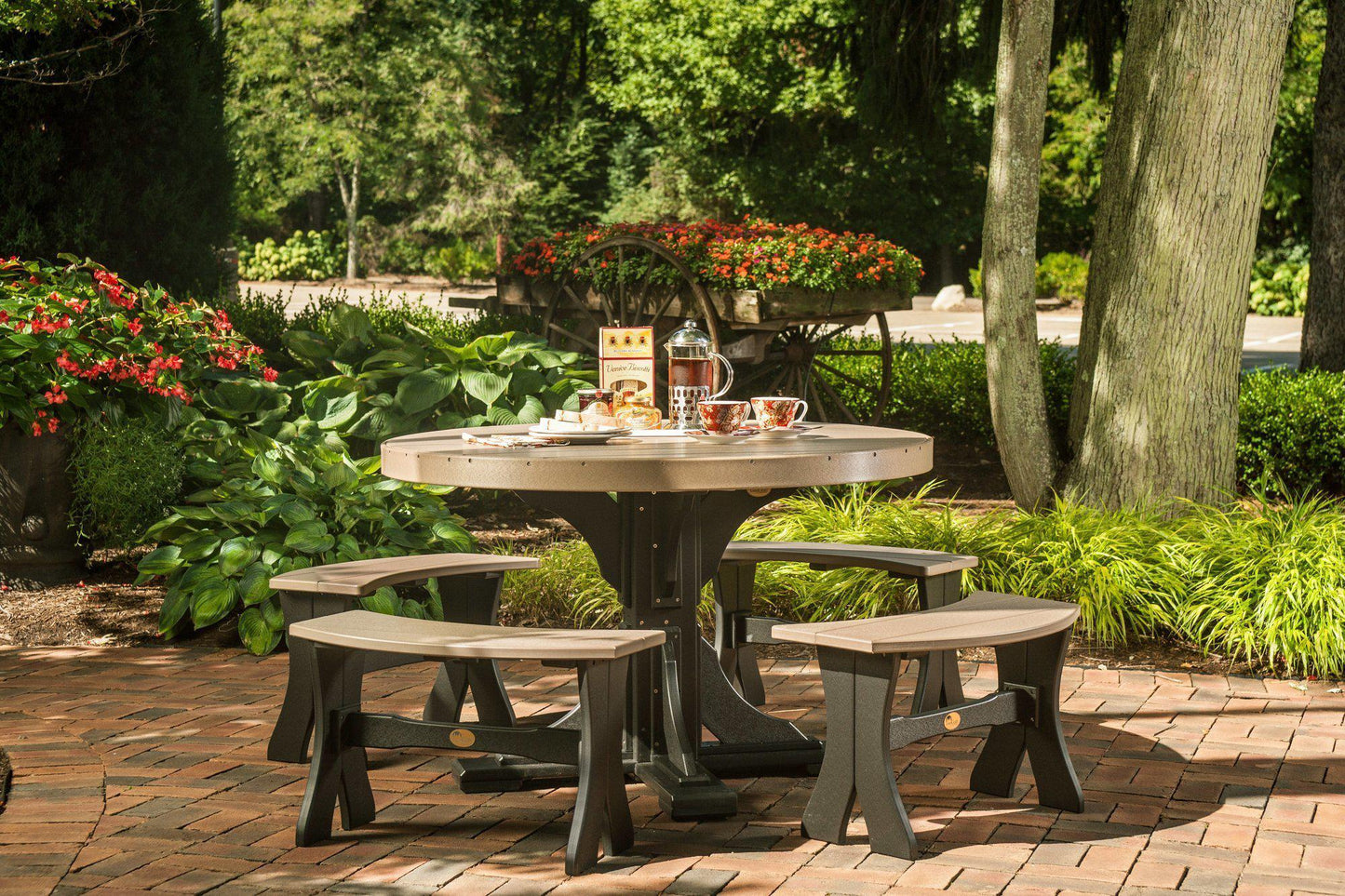 LuxCraft Recycled Plastic 4' Round Poly Dining Set with Four 28" Table Benches - LEAD TIME TO SHIP 3 TO 4 WEEKS