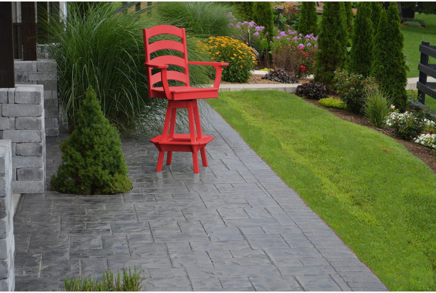 A&L Furniture Recycled Plastic Ladderback Swivel Bar Chair with Arms - Bright Red