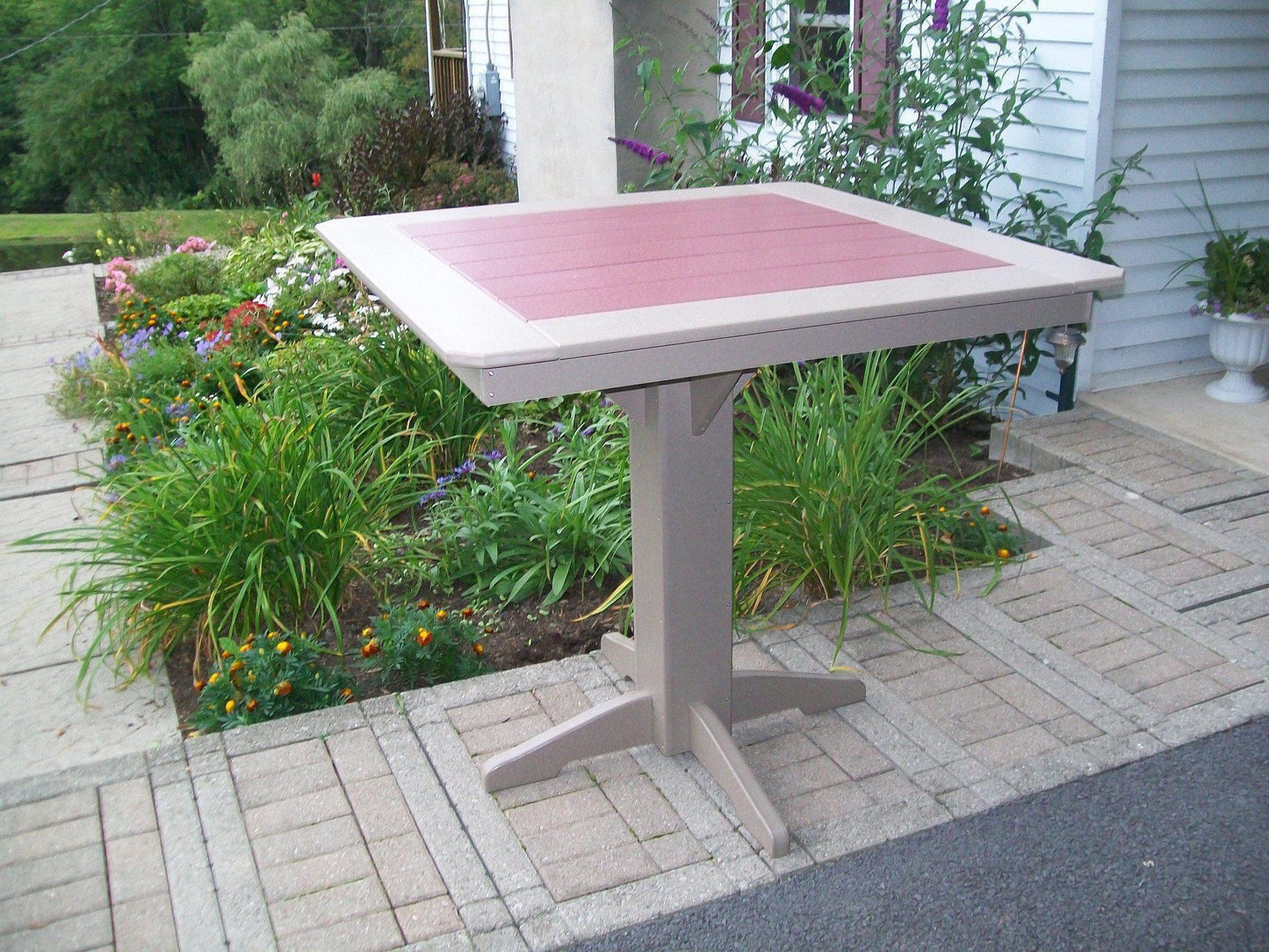 A&L Furniture Recycled Plastic 44" Square Bar Table - Weatheredwood with cherrywood