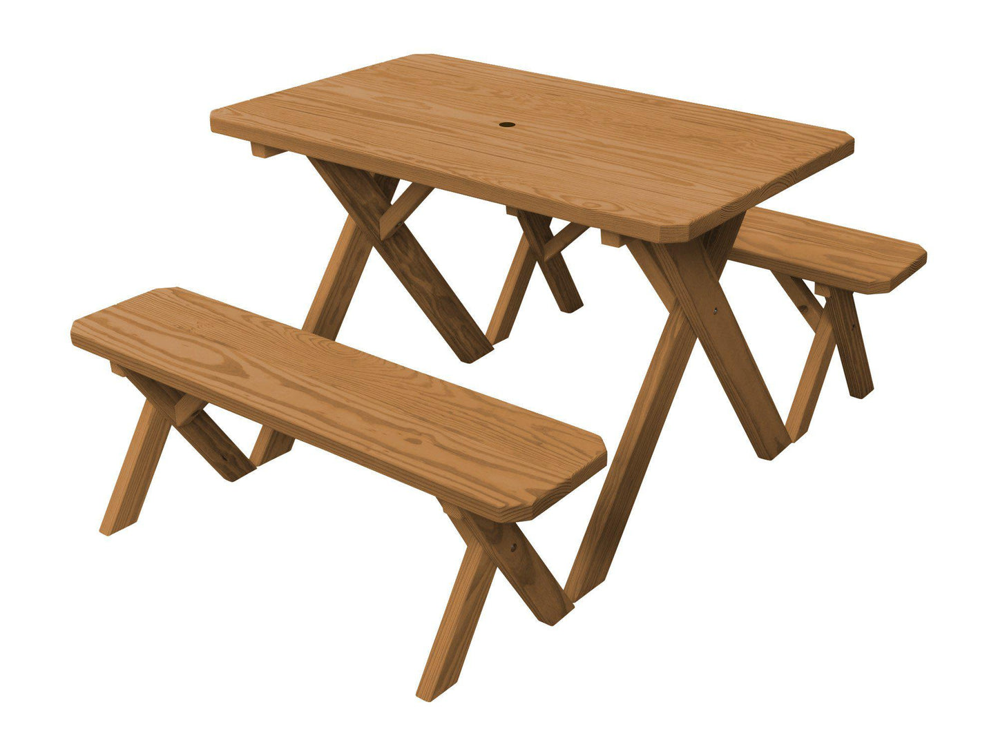 A&L Furniture Co. Yellow Pine 44"' Cross-leg Table w/2 Benches - Umbrella Hole - LEAD TIME TO SHIP 10 BUSINESS DAYS