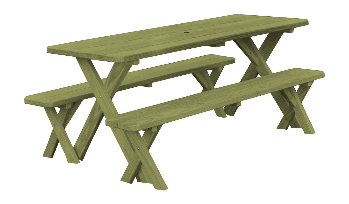 A&L Furniture Co. Yellow Pine 8' Cross-leg Table w/2 Benches - Umbrella Hole - LEAD TIME TO SHIP 10 BUSINESS DAYS
