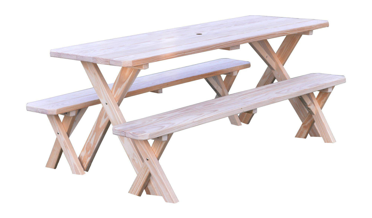 A&L Furniture Co. Yellow Pine 6' Cross-leg Table w/2 Benches - Umbrella Hole - LEAD TIME TO SHIP 10 BUSINESS DAYS