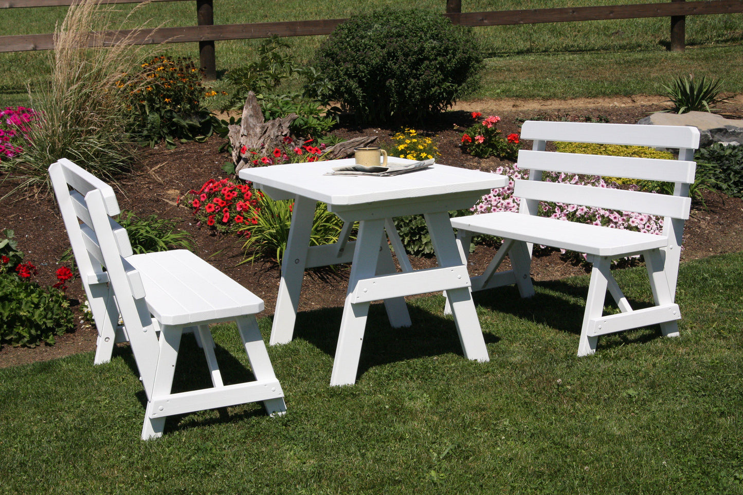 A&L Furniture Co. Yellow Pine 4' Table w/2 Backed Benches - LEAD TIME TO SHIP 10 BUSINESS DAYS