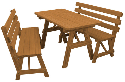 A&L Furniture Co. Yellow Pine 5' Table w/2 Backed Benches - Umbrella Hole - LEAD TIME TO SHIP 10 BUSINESS DAYS