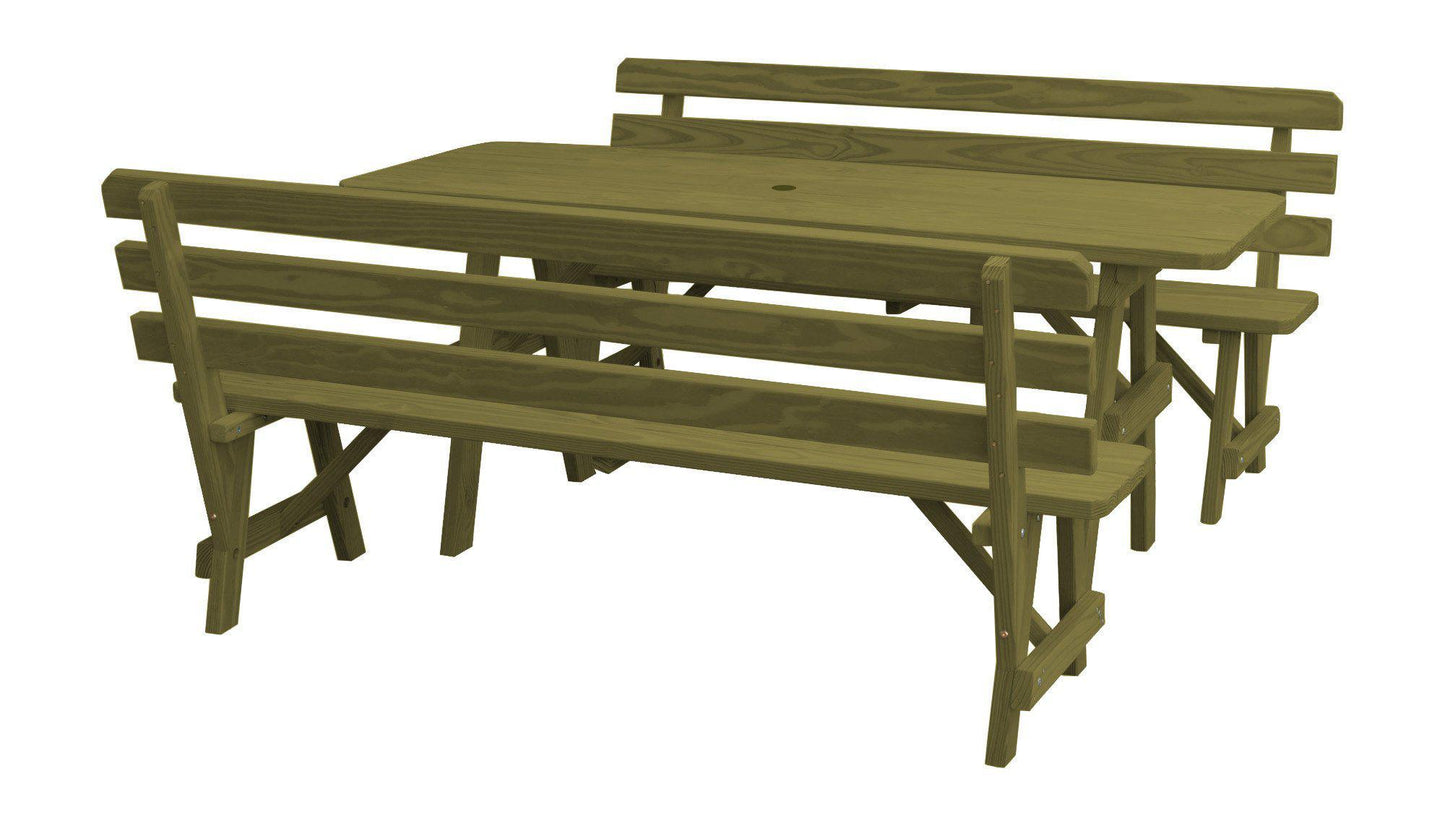 A&L Furniture Co. Yellow Pine 8' Table w/2 Backed Benches - Umbrella Hole - LEAD TIME TO SHIP 10 BUSINESS DAYS