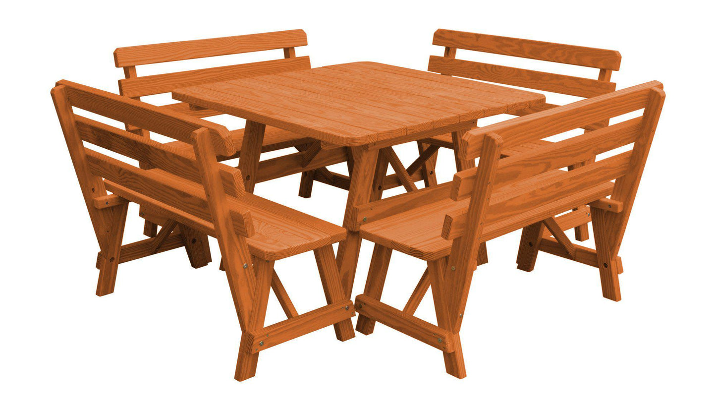 A&L Furniture Co. Yellow Pine 43" Sq. Table w/ 4 Backed Benches - Specify for Umbrella Hole - LEAD TIME TO SHIP 10 BUSINESS DAYS